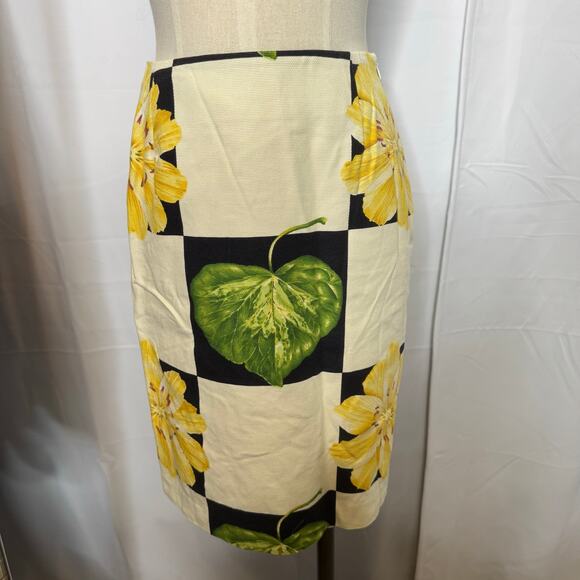 J. McLaughlin Size 6 Pencil Skirt Yellow Floral Green Leaf Black White Check - Picture 2 of 5